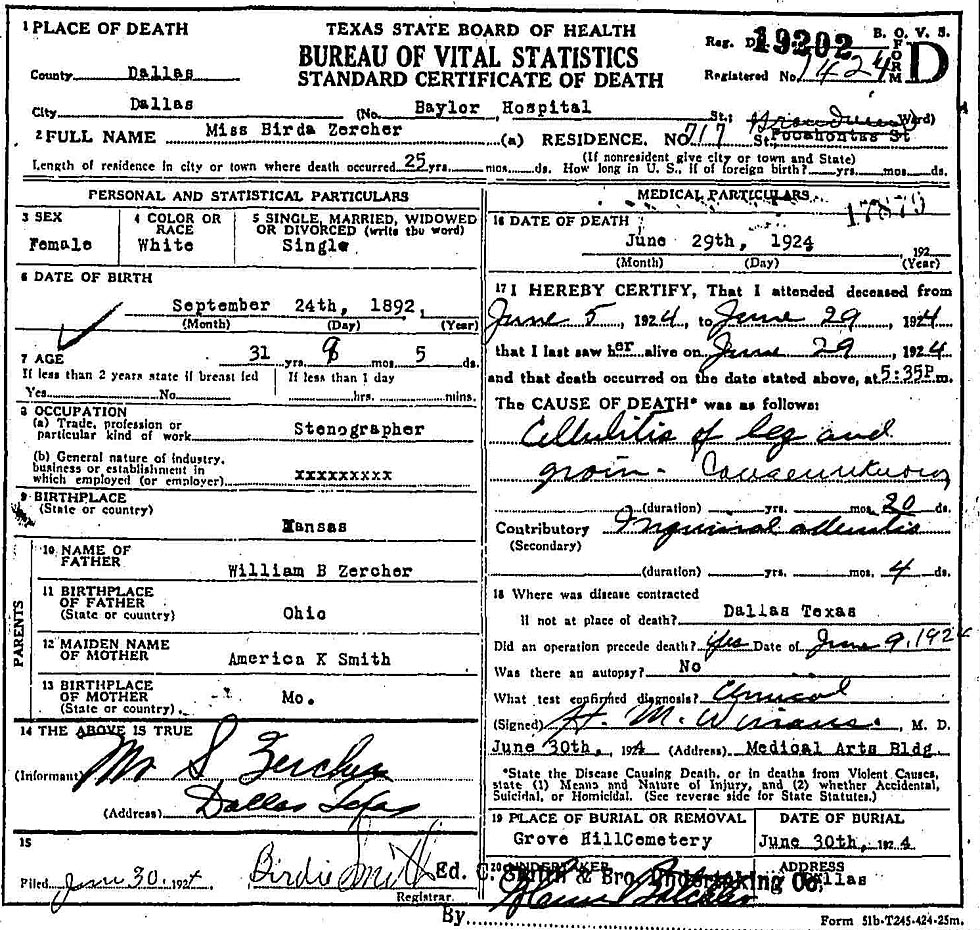 Birda Zercher (1892-1924) Death Certificate<