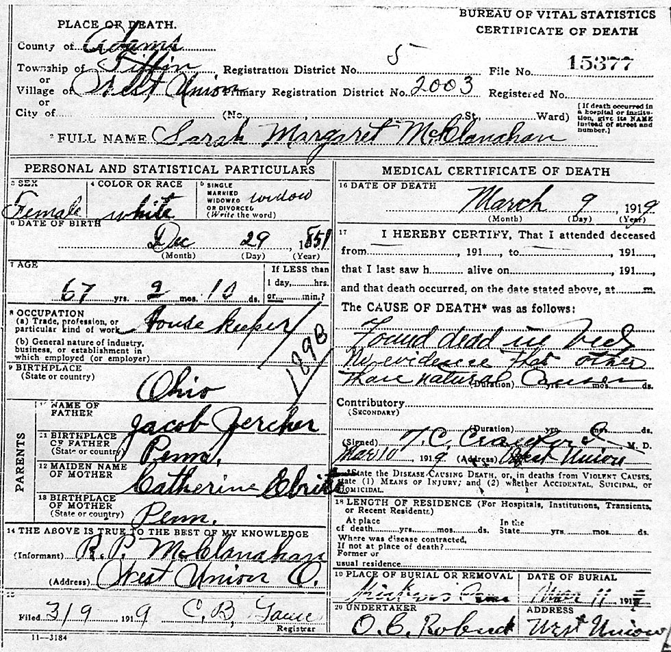 Sarah Margaret Zercher (1851-1919) Death Certificate