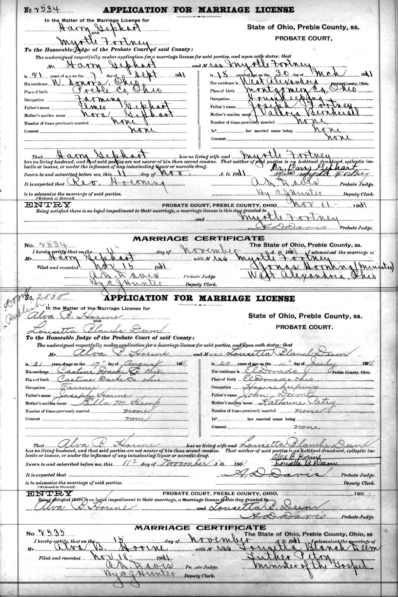 Marriage Certificate of Alva Baxter Horine & Lousetta Blanche Deem