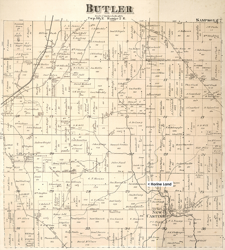 Butler Township, Darke County Ohio 1875 - Close Up of Horine plots