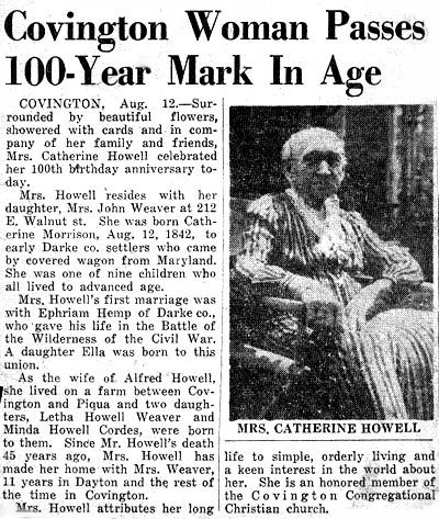 Newspaper Acticle describing the 100th Birthday Part of Catherine Morrison (Hemp) Howell - August 12, 1942