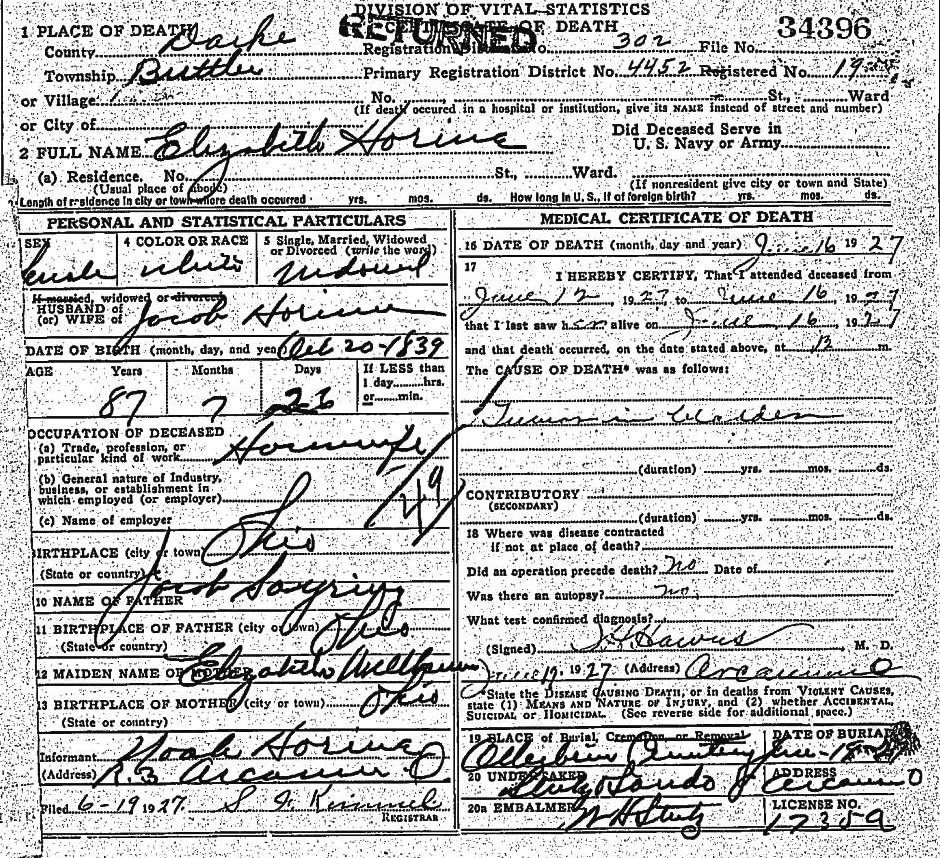 Death Certificate of Elizabeth (Sayring) Horine (1839-1927)