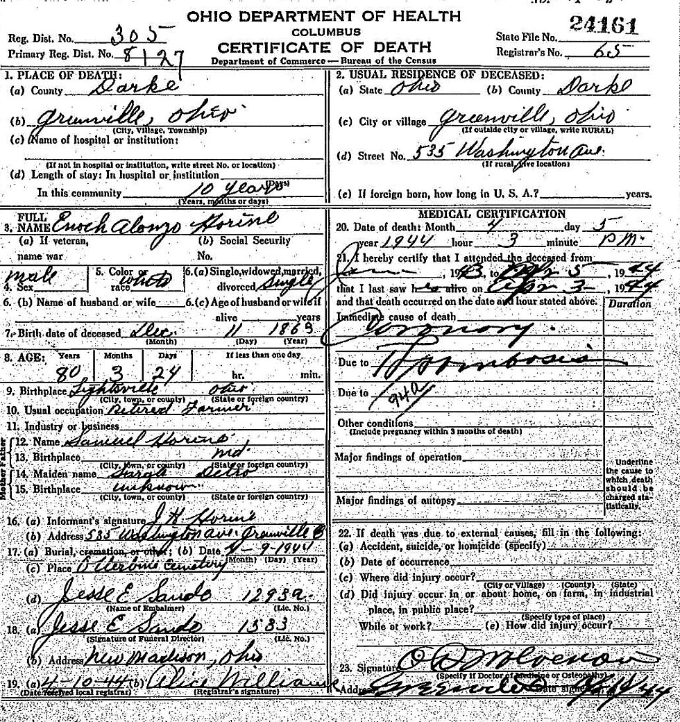 Death Certificate of Enoch Alonzo  Horine (1863-1944)