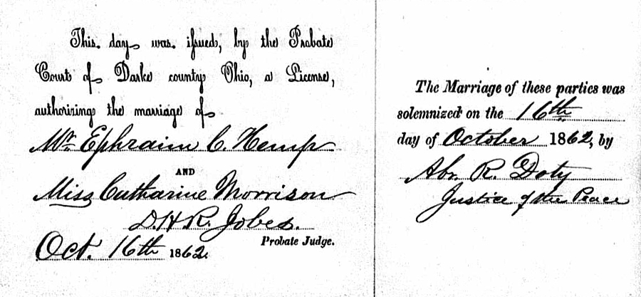 Marriage Certificate of Ephraim Hemp & Catherine Morrison