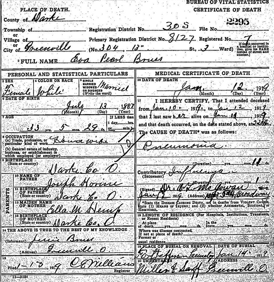 Death Certificate of Eva Pearl Horine (1887-1919)