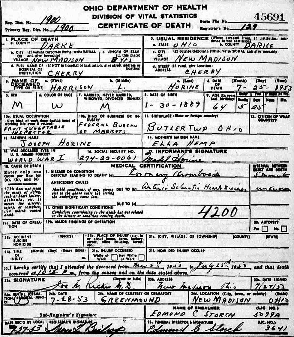 Death Certificate of Harrison Leonard Horine  (1889-1953)
