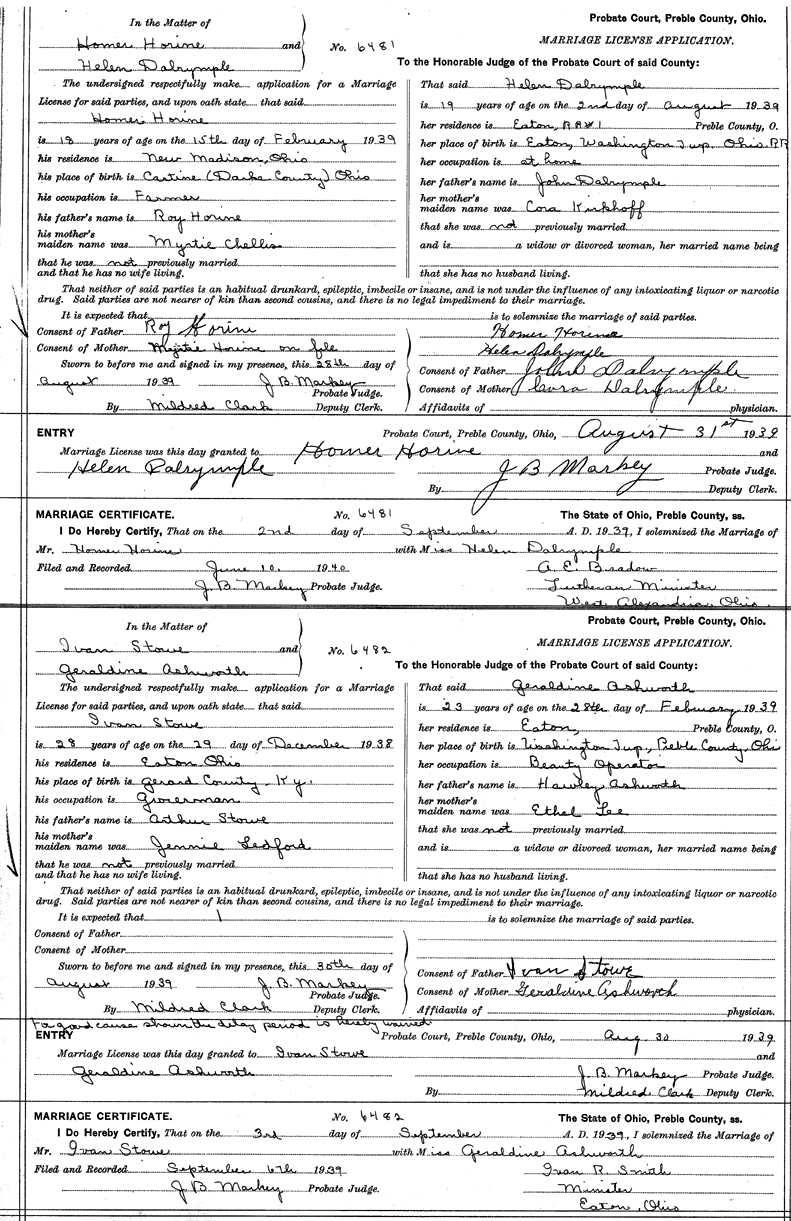 Marriage License Application of Homer Leonard Horine (1921-1945)