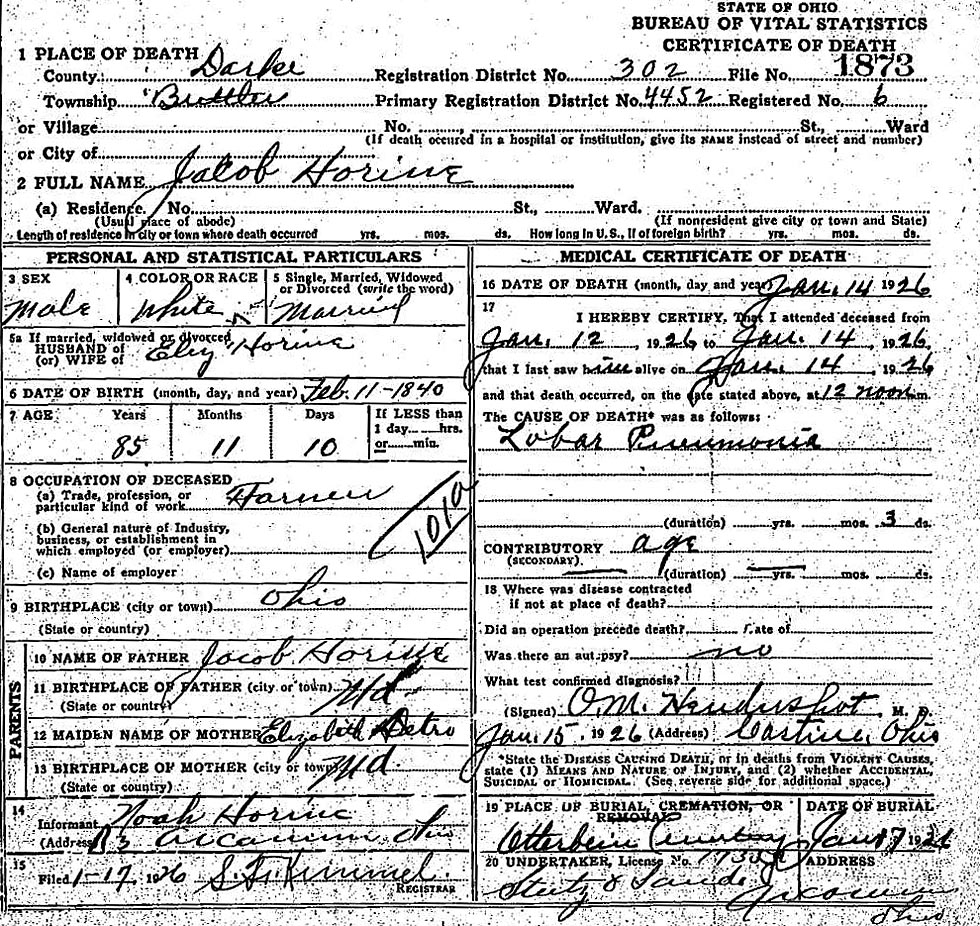 Death Certificate of Jacob Horine Jr. (1840-1926)