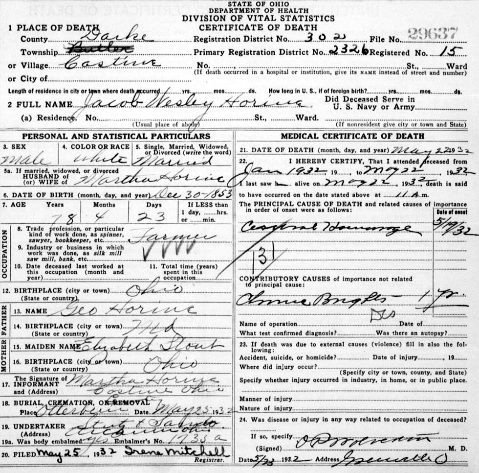 Death Certificate of Jacob Wesley Horine (1853-1932)