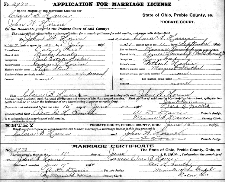 Marriage License Application John Willas Horine (1867-1941) and Clara B. Harris