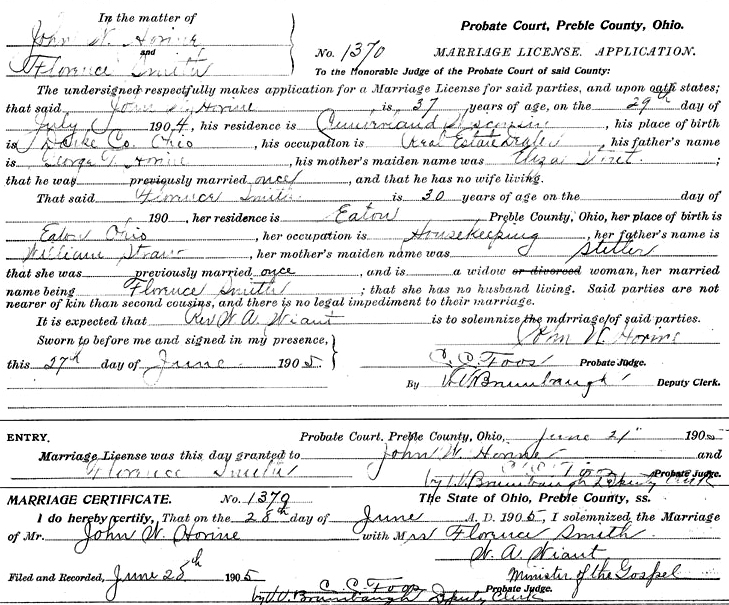 Marriage License Application John Willas Horine (1867-1941) and Florence Smith