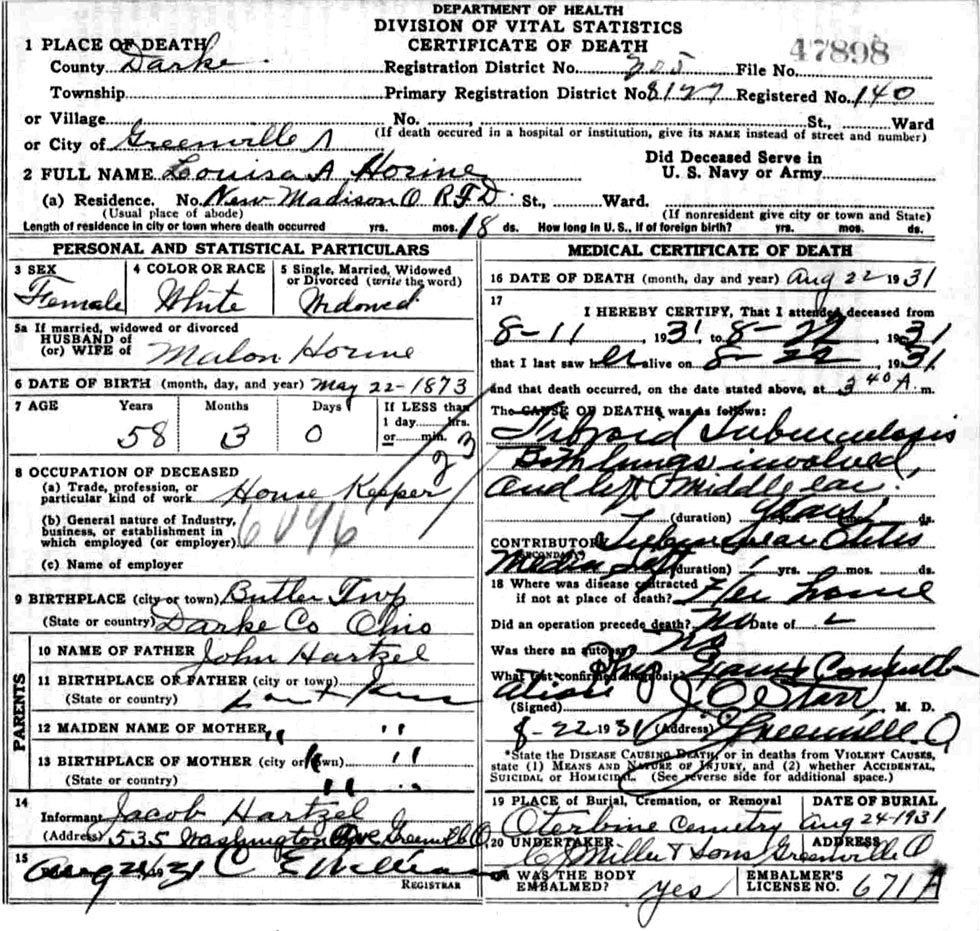 Death Certificate of Louisa A. (Hartzell) Horine (1873-1931)