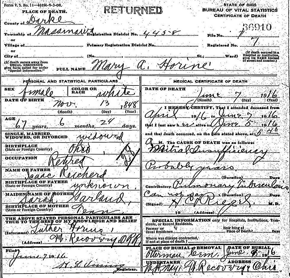 Death Certificate of Mary Amanda (Reichard) Horine (1845-1916)
