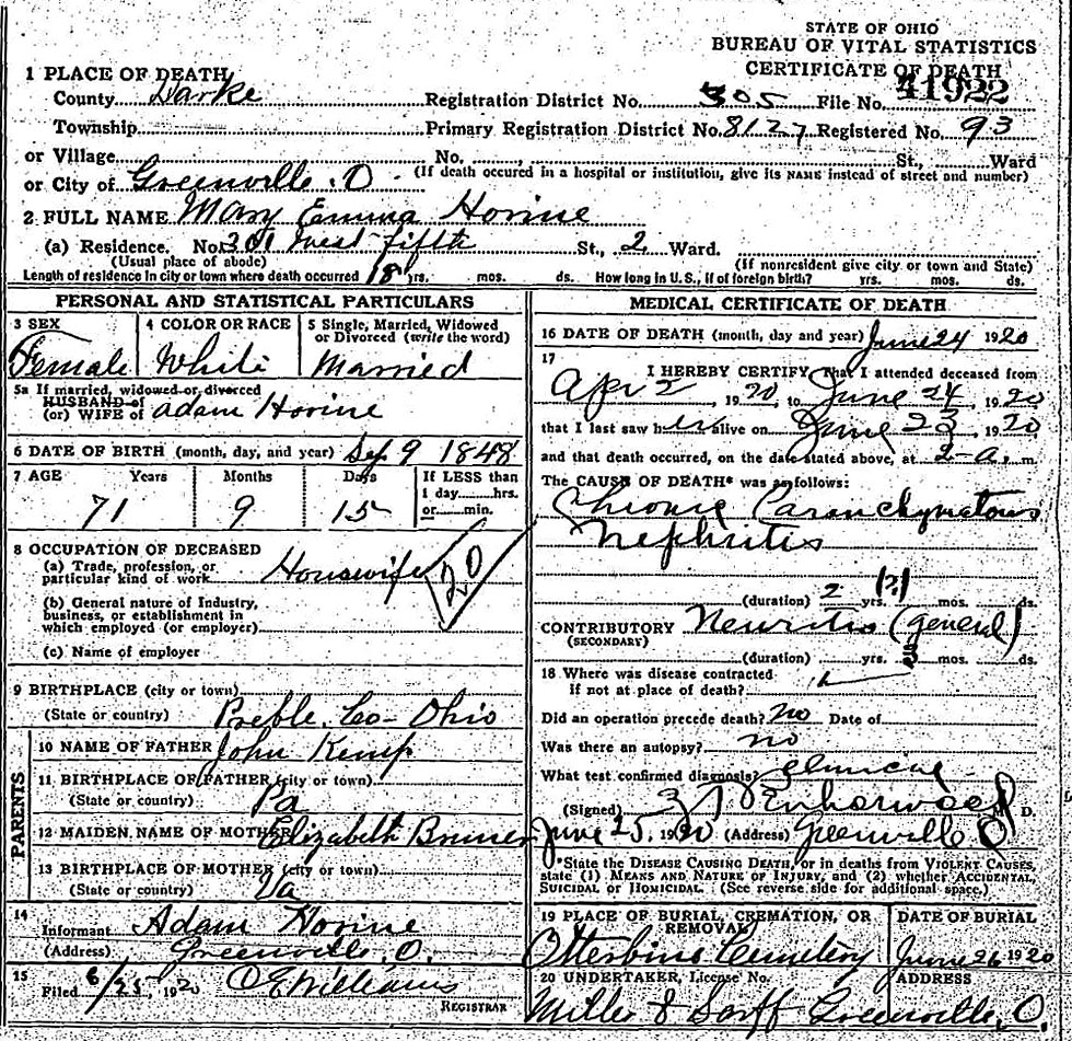 Death Certificate of Mary Emma Hemp Horine (1848-1920)