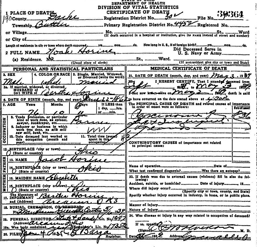 Death Certificate of Noah Horine (1862-1939)