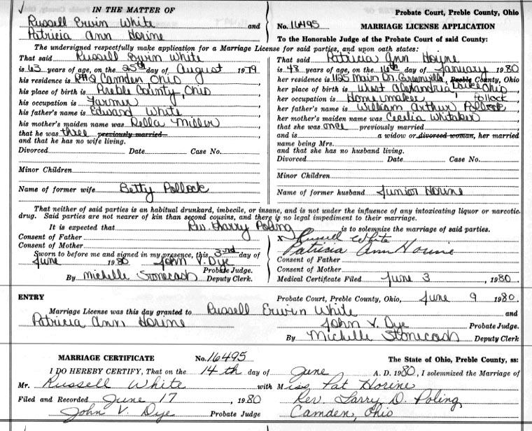 Marriage Certificate of Patricia Ann Horine & Russell Erwin White