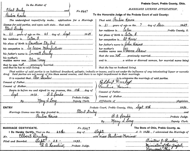 Marriage License Application for Pauline Elizabeth Horine (1908-1979) and Elbert Edger Druley
