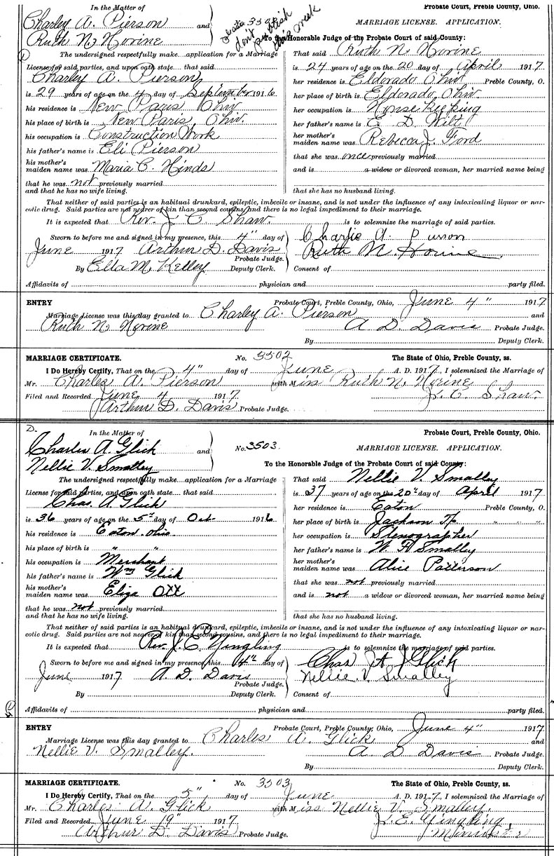 Marriage Certificate of Ruth N. Horine & Charles A. Pierson