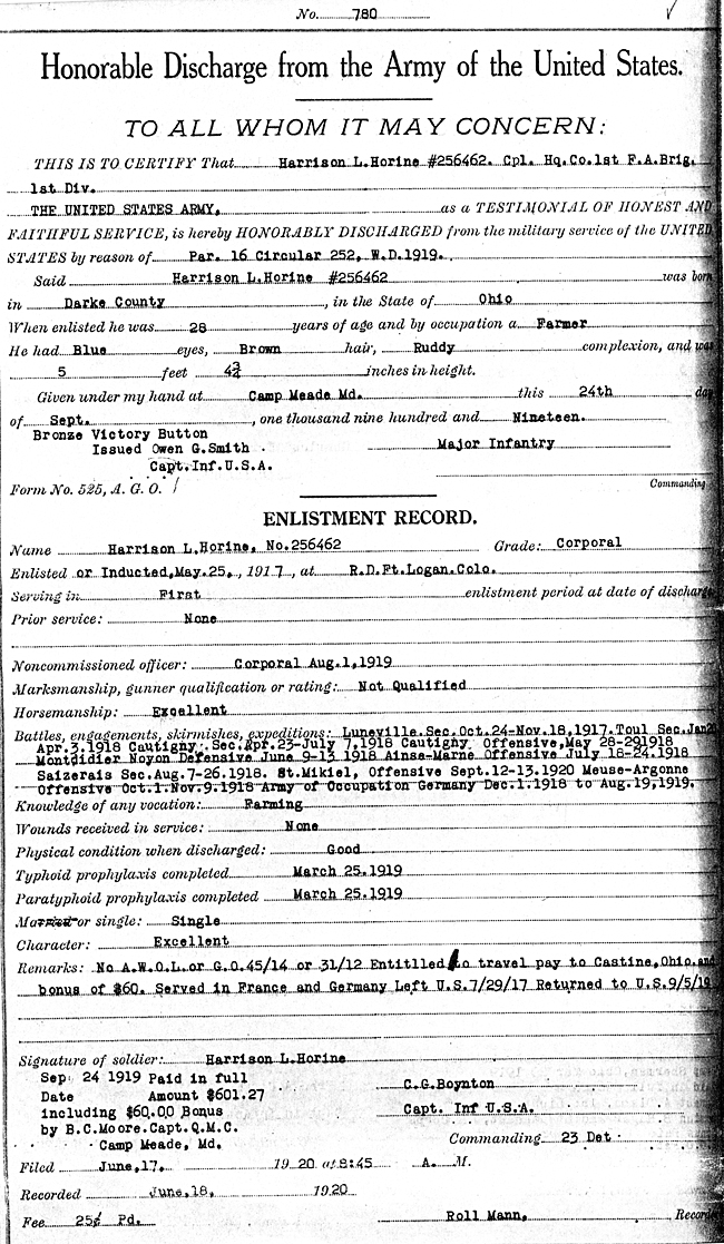 World War I Honorable Discharge Papers for K3 Harrison Leonard Horine (1889-1953)