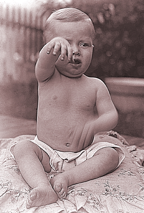 James Lee Fisher, at 1 year, ca. 1896, waving