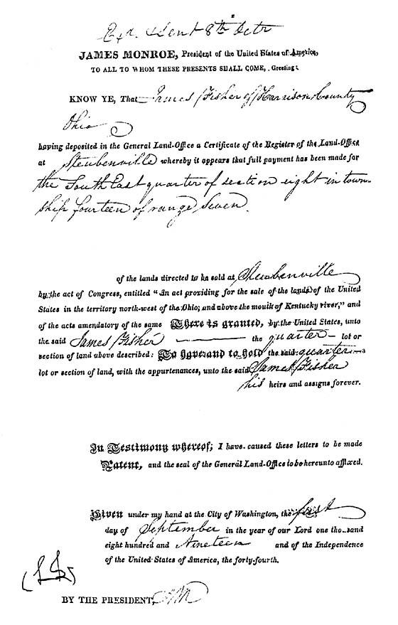 1819 Land Patent for James Fisher, Harrison County, Ohio