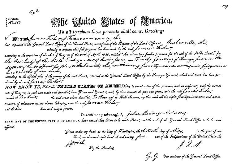 1819 Land Patent for James Fisher, Harrison County, Ohio