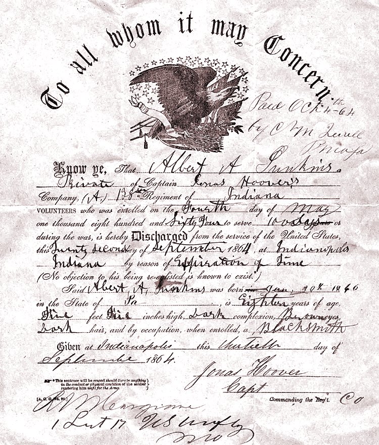 Civil War Discharge Papers of Albert Augustus Junkin, Company A, 138th Regiment of Indiana Volunteers