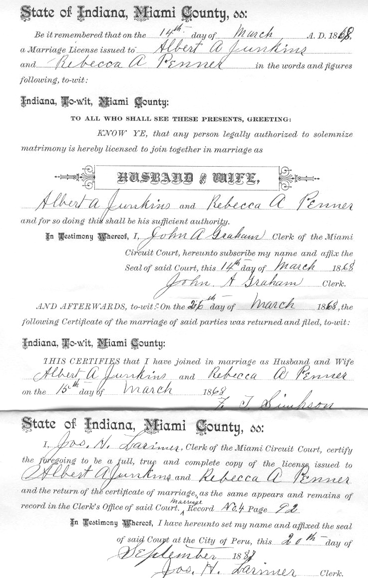 Marriage License of Albert Augustus Junkin & Rebecca Penner