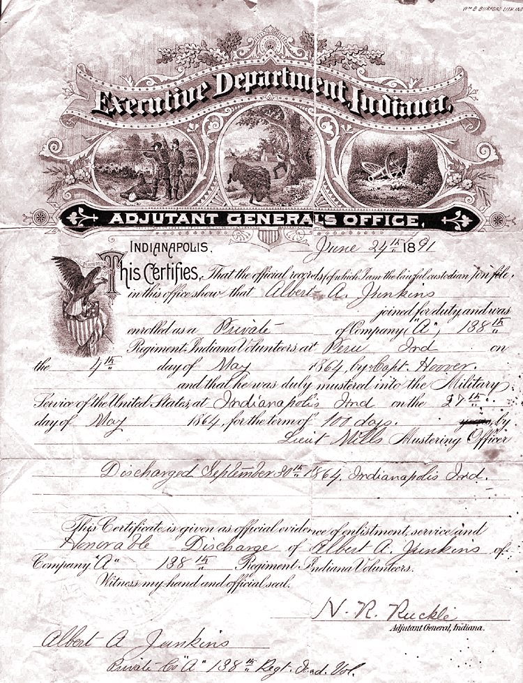 Civil War Enlistment Papers of Albert Augustus Junkin, Company A, 138th Regiment of Indiana Volunteers