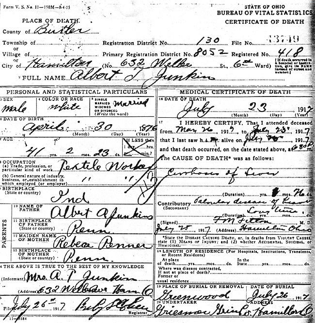Death Certificate of  Albert Thomas Junkin