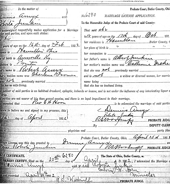 Marriage License Application  of Roberta Marie Junkin and George Dennis Amyx