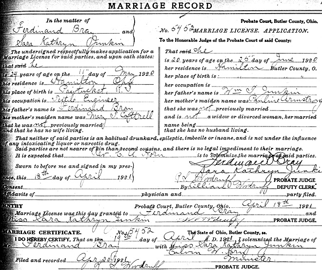 Marriage Record of Marriage of Sarah Kathryn Junkin and Ferdinand Bray
