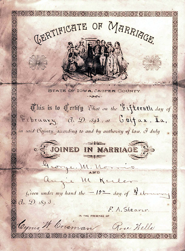 Marriage License of George Milton Norris and Angie M. Kerlen